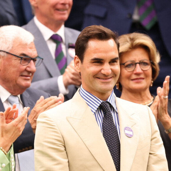 Catherine (Kate) Middleton, princesse de Galles, Roger Federer et sa femme Mirka dans les tribunes lors du tournoi de Wimbledon 2023 au All England Lawn Tennis and Croquet Club de Londres, Royaume Uni, le 4 juillet 2023.