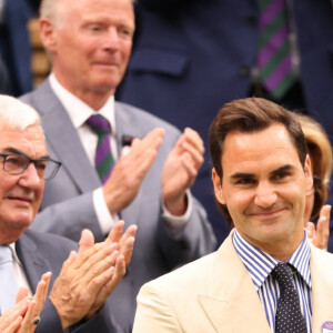 Catherine (Kate) Middleton, princesse de Galles, Roger Federer et sa femme Mirka dans les tribunes lors du tournoi de Wimbledon 2023 au All England Lawn Tennis and Croquet Club de Londres, Royaume Uni, le 4 juillet 2023.