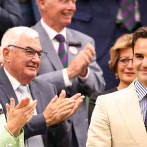 Catherine (Kate) Middleton, princesse de Galles, Roger Federer et sa femme Mirka dans les tribunes lors du tournoi de Wimbledon 2023 au All England Lawn Tennis and Croquet Club de Londres, Royaume Uni, le 4 juillet 2023.