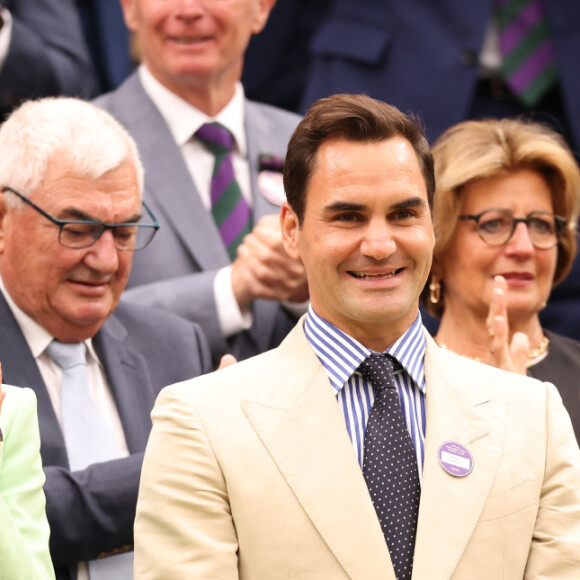 Catherine (Kate) Middleton, princesse de Galles, Roger Federer et sa femme Mirka dans les tribunes lors du tournoi de Wimbledon 2023 au All England Lawn Tennis and Croquet Club de Londres, Royaume Uni, le 4 juillet 2023.