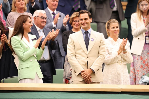 Catherine (Kate) Middleton, princesse de Galles, Roger Federer et sa femme Mirka dans les tribunes lors du tournoi de Wimbledon 2023 au All England Lawn Tennis and Croquet Club de Londres, Royaume Uni, le 4 juillet 2023.