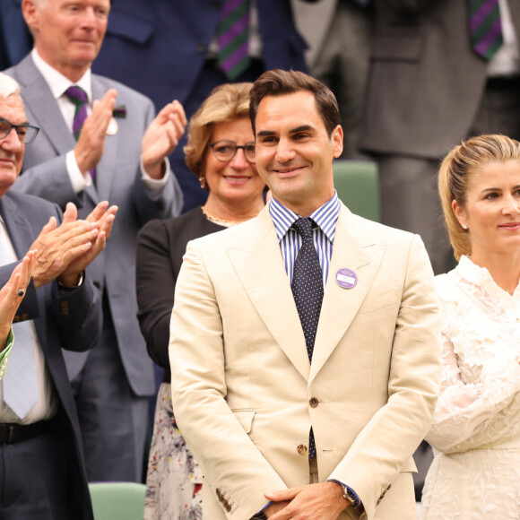 Catherine (Kate) Middleton, princesse de Galles, Roger Federer et sa femme Mirka dans les tribunes lors du tournoi de Wimbledon 2023 au All England Lawn Tennis and Croquet Club de Londres, Royaume Uni, le 4 juillet 2023.