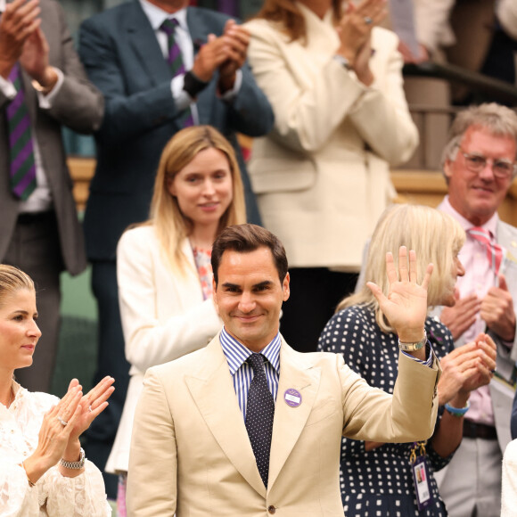Roger Federer et sa femme Mirka dans les tribunes lors du tournoi de Wimbledon 2023 au All England Lawn Tennis and Croquet Club de Londres, Royaume Uni, le 4 juillet 2023.