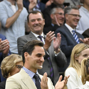 Roger Federer, Mirka Federer, Catherine (Kate) Middleton, princesse de Galles, dans les tribunes du tournoi de Wimbledon 2023 à Londres, le 4 juillet 2023. 