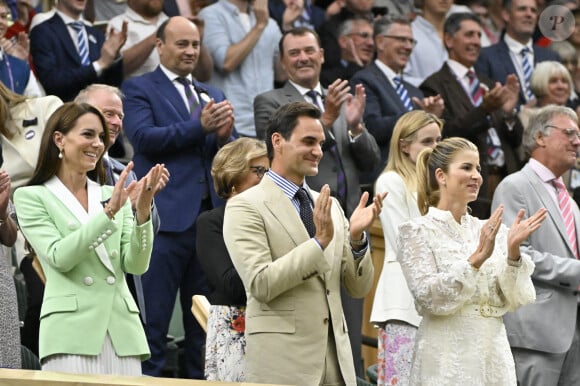 Roger Federer, Mirka Federer, Catherine (Kate) Middleton, princesse de Galles, dans les tribunes du tournoi de Wimbledon 2023 à Londres, le 4 juillet 2023. 