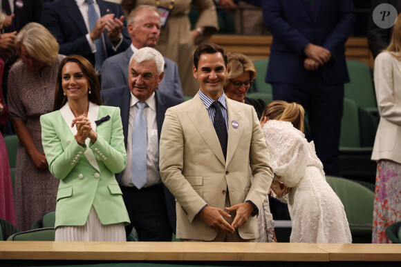 Catherine (Kate) Middleton, princesse de Galles, Roger Federer et sa femme Mirka dans les tribunes lors du tournoi de Wimbledon 2023 au All England Lawn Tennis and Croquet Club de Londres, Royaume Uni, le 4 juillet 2023. 