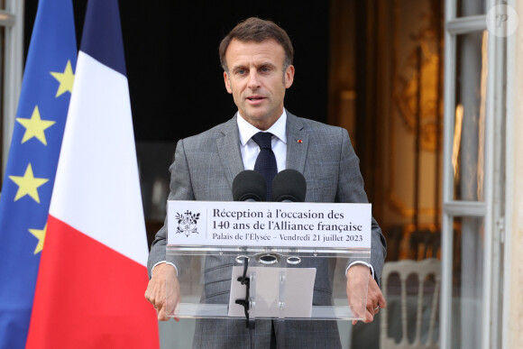 Emmanuel Macron lors de la cérémonie du 140ème anniversaire de la création de l'Alliance Française au Palais de l'Elysée à Paris. Le 21 juillet 2023 © Jérôme Domine / Pool / Bestimage 