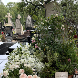 Lorsqu'ils se sont succédés sur les lieux, suivant Roman, le fils de Kate Barry, premier à être arrivé, Charlotte et Lou, et leurs compagnons respectifs, savaient les dernières volontés de Jane.
Exclusif - Tombe de Kate Barry recouverte des fleurs des obsèques de Jane Birkin qui a rejoint sa fille dans sa tombe au funérarium du Montparnasse à Paris le 24 juillet 2023. Après sa crémation au funérarium du Père Lachaise, son urne a été déposée sur sa tombe.