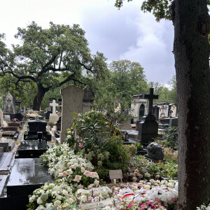 Exclusif - Tombe de Kate Barry recouverte des fleurs des obsèques de Jane Birkin qui a rejoint sa fille dans sa tombe au funérarium du Montparnasse à Paris le 24 juillet 2023. Après sa crémation au funérarium du Père Lachaise, son urne a été déposée sur sa tombe.