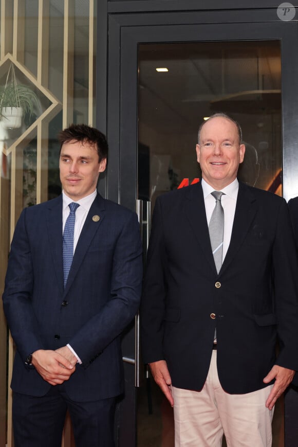 Exclusif - Louis Ducruet et le prince Albert II de Monaco - Inauguration de la maison du numérique dans les jardins d'Apolline à Monaco, le 7 juillet 2023. © Claudia Albuqyerque/Bestimage