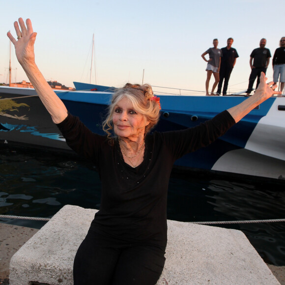 Exclusif - Brigitte Bardot pose avec l'équipage de Brigitte Bardot Sea Shepherd, le célèbre trimaran d'intervention de l'organisation écologiste, sur le port de Saint-Tropez.