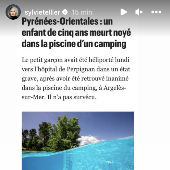 "C'est terrible ! Ma pire angoisse de maman en vacances. Toutes mes condoléances et pensées émues à la famille", a-t-elle écrit 
Sylvie Tellier ébranlée par un fait divers tragique. Instagram