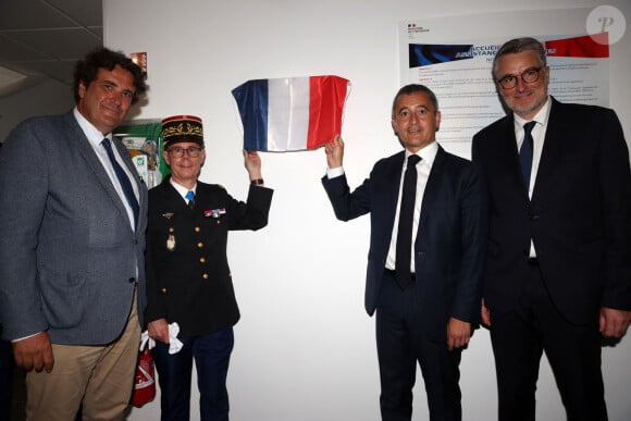 Gérald Darmanin, ministre de l'Intérieur et des Outre-Mer, inaugure la Gendarmerie de Libourne en Gironde, le 2 Août 2023. Philippe Buisson, Maire de Libourne, Le Général de Corps d'Armée André Petillot, Major général de la Gendarmerie Nationale, Gérald Darmanin, ministre de l'Intérieur et des Outre-Mer et Florent Boudié, député de la 10eme circonscription de la Gironde. © Jean-Marc Lhomer/Bestimage