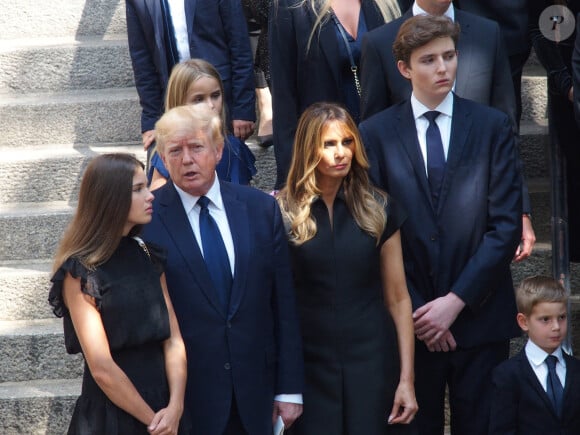 Donald Trump et sa femme Melania, Barron Trump - Obsèques de Ivana Trump en l'église St Vincent Ferrer à New York. Le 20 juillet 2022 © Bruce Cotler / Zuma Press / Bestimage