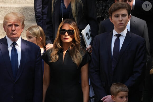 Donald Trump et sa femme Melania Trump, Barron Trump - Obsèques de Ivana Trump en l'église St Vincent Ferrer à New York. Le 20 juillet 2022 