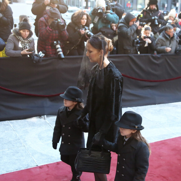 Céline Dion, ses enfants René-Charles Angélil, les jumeaux Nelson Angélil et Eddy Angélil et sa mère Thérèse Dion - Obsèques nationales de René Angélil en la Basilique Notre-Dame de Montréal, le 22 janvier 2016.