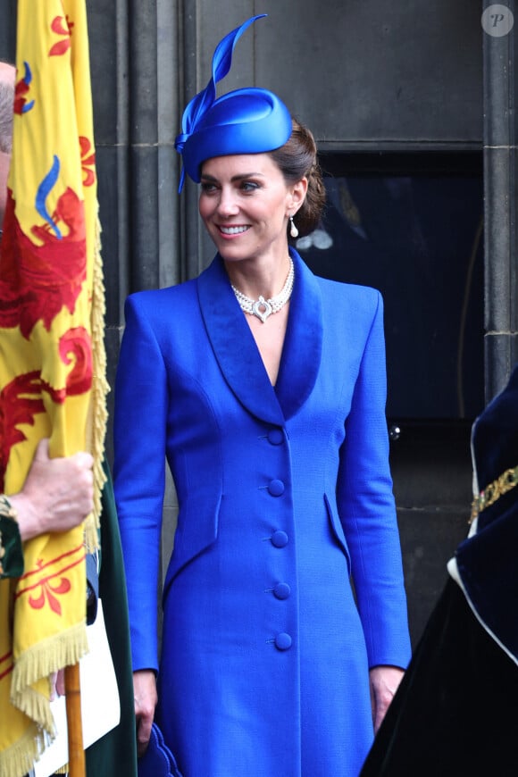 Kate Middleton quitte la cathédrale Saint Giles à Edimbourg après le couronnement écossais de Charles III et de la reine Camilla. 5 juillet 2023.