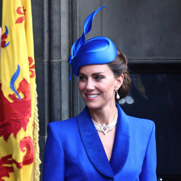 Kate Middleton quitte la cathédrale Saint Giles à Edimbourg après le couronnement écossais de Charles III et de la reine Camilla. 5 juillet 2023.