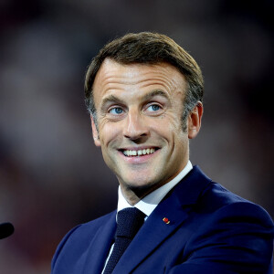 Emmanuel Macron - Cérémonie d'ouverture de la Coupe du Monde de Rugby France 2023 avant le match de la Poule A entre la France et la Nouvelle-Zélande au Stade de France à Saint-Denis le 8 septembre 2023. © Dominique Jacovides/Bestimage 