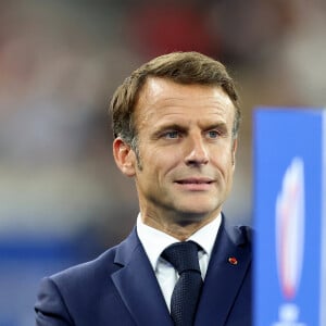 Emmanuel Macron - Cérémonie d'ouverture de la Coupe du Monde de Rugby France 2023 avant le match de la Poule A entre la France et la Nouvelle-Zélande au Stade de France à Saint-Denis le 8 septembre 2023. © Dominique Jacovides/Bestimage 