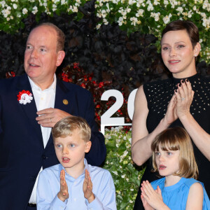 Le prince Albert II de Monaco, La princesse Charlène de Monaco, Le prince Jacques de Monaco, marquis des Baux, La princesse Gabriella de Monaco, comtesse de Carladès - "Le rocher en fête" la principauté de Monaco fête le centenaire du prince Rainier III à Monaco, le 31 mai 2023. © Claudia Albuquerque / Bestimage 
