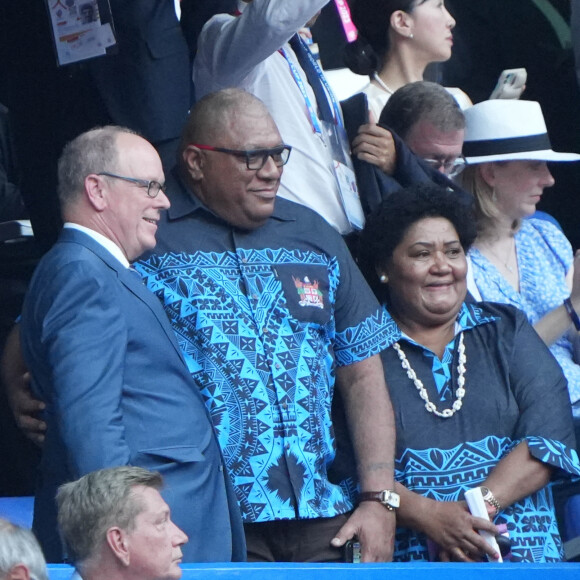 Le prince Albert II de Monaco dans les tribunes lors du match d'ouverture de la Coupe du Monde de Rugby France 2023 avant le match de la Poule A entre la France et la Nouvelle-Zélande au Stade de France à Saint-Denis le 8 septembre 2023.