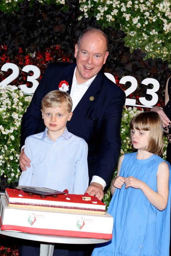 Le prince Albert II, Le prince Jacques de Monaco, marquis des Baux, La princesse Gabriella de Monaco, comtesse de Carladès - "Le rocher en fête" la principauté de Monaco fête le centenaire du prince Rainier III à Monaco, le 31 mai 2023.  © Claudia Albuquerque / Bestimage 