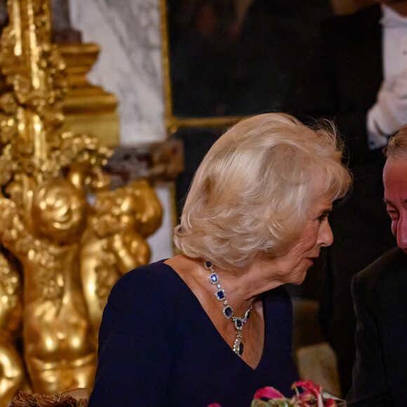 Camilla Parker Bowles, reine consort d'Angleterre,Gérard Larcher, président du Sénat - Toast et discours lors du dîner d'Etat au château de Versailles en l'honneur de la visite officielle du roi et de la reine d'Angleterre en France le 20 septembre 2023. © Eric Tschaen / Pool / Bestimage 