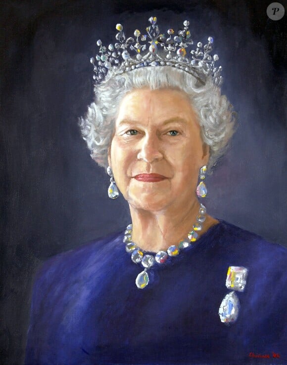 Elle était aussi vêtue d'une robe bleue et du collier porté par Camilla
Portrait de la reine Elizabeth II par Chinwe Chukwuogo pour son jubilé d'or en 2002