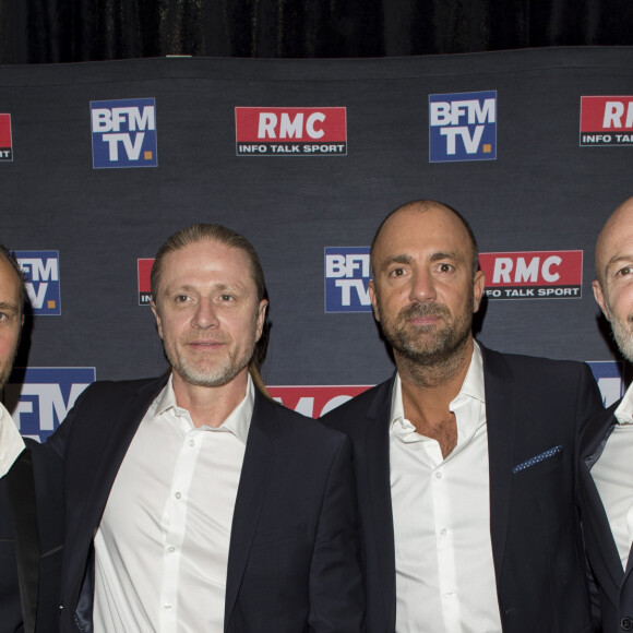 Lionel Charbonnier, Emmanuel Petit, Christophe Dugarry et Franck Leboeuf - Conférence de presse pour la présentation de la "Dream Team" RMC et BFMTV pour la Coupe du monde de football 2018 en Russie (du 14 juin au 15 juillet) au Pavillon Wagram à Paris, France, le 11 avril 2018. © Pierre Perusseau/Bestimage