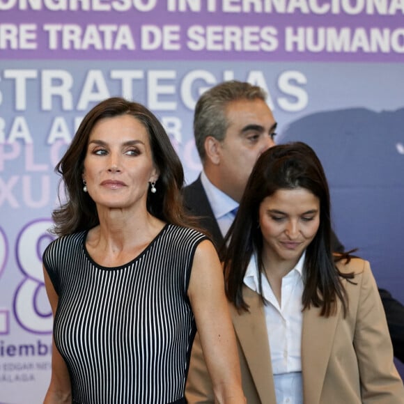 La reine Letizia d'Espagne assiste à l'ouverture du 2ème "Congrès international sur la traite des êtres humains, stratégies pour éliminer l'exploitation sexuelle" à Malaga, le 28 septembre 2023. 