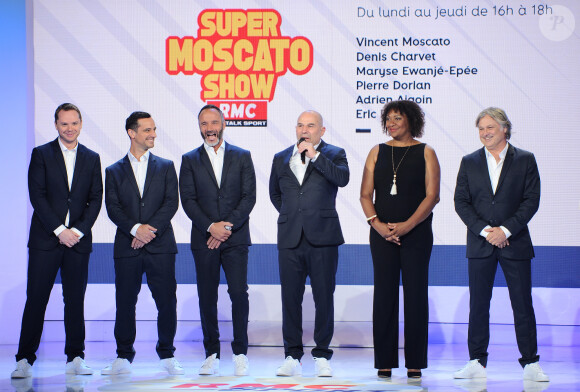 Adrien Aigoin, Pierre Dorian, Eric Di Meco, Vincent Mosscato, Maryse Ewanjé-Epée et Denis Charvet (Equipe de l'émission Super Moscato Show) - Conférence de presse du lancement des chaines RMC Sport au studio Gabriel à Paris le 30 mai 2018. © Guillaume Gaffiot/Bestimage