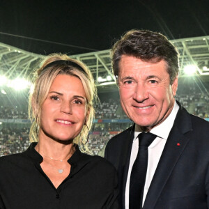 Exclusif - Laura Tenoudji Estrosi et son mari, Christian Estrosi, le maire de Nice, durant la rencontre de Coupe du Monde de rugby Angleterre - Japon au Stade de Nice, le 17 septembre 2023. L'angleterre a remporté le match 34 à 12. © Bruno Bebert / Bestimage 