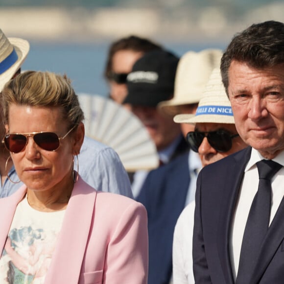 Laura Tenoudji et Christian Estrosi (maire de Nice) avec les familles des victimes - Cérémonie d'hommage aux victimes de l'attentat de Nice du 14 juillet 2016, à Nice, France, le 14 juillet 2023. © Norbert Scanella/Panoramic/Bestimage 