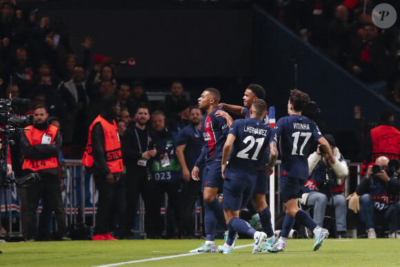 Joie - But de Kylian Mbappe (PSG) - Match de ligue des champions entre le PSG et l'AC Milan (3-0) au Parc des Princes à Paris le 25 octobre 2023.