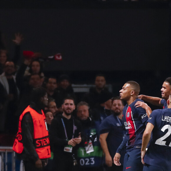 Joie - But de Kylian Mbappe (PSG) - Match de ligue des champions entre le PSG et l'AC Milan (3-0) au Parc des Princes à Paris le 25 octobre 2023.
