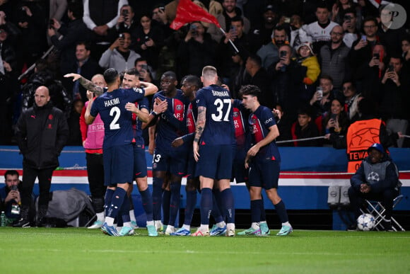 Joie des joueurs du PSG apres le but de Kylian Mbappe ( 7 - PSG ) - - Match de ligue des champions entre le PSG et l'AC Milan (3-0) au Parc des Princes à Paris le 25 octobre 2023.
