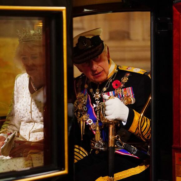 Premier "discours du trône" du roi Charles III en présence de la reine Camilla devant la chambre des Lords au palais de Westminster à Londres, le 7 novembre 2023