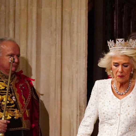 Premier "discours du trône" du roi Charles III en présence de la reine Camilla devant la chambre des Lords au palais de Westminster à Londres, le 7 novembre 2023