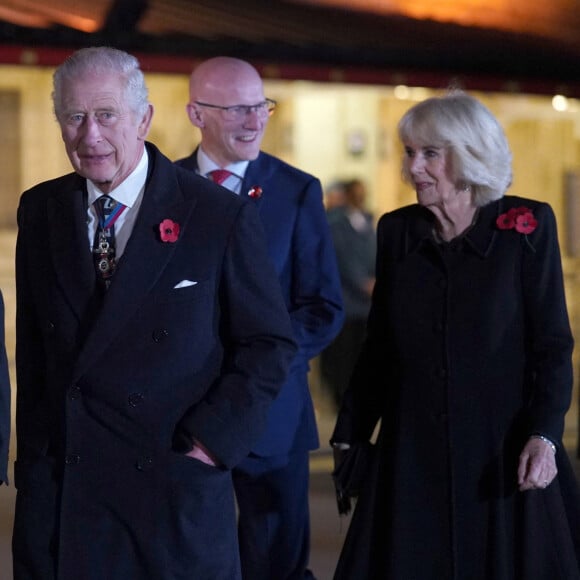 Le roi Charles III d'Angleterre et la reine Camilla (Camilla Parker Bowles, reine consort d'Angleterre) arrivent au Royal British Legion Festival of Remembrance au Royal Albert Hall à Londres : samedi 11 novembre 2023.