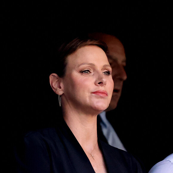 La princesse Charlene de Monaco dans les tribunes lors du match de rugby entre l'Afrique du Sud et l'Écosse (18-3) au stade Vélodrome à Marseille le 10 septembre 2023. © Dominique Jacovides / Bestimage