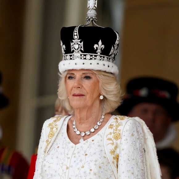 Sortie de la cérémonie de couronnement du roi d'Angleterre à l'abbaye de Westminster de Londres Camilla Parker Bowles, reine consort d'Angleterre - Sortie de la cérémonie de couronnement du roi d'Angleterre à l'abbaye de Westminster de Londres, Royaume Uni, le 6 mai 2023. 