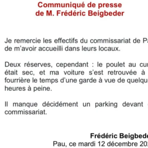 Communiqué, Frédéric Beigbeder.