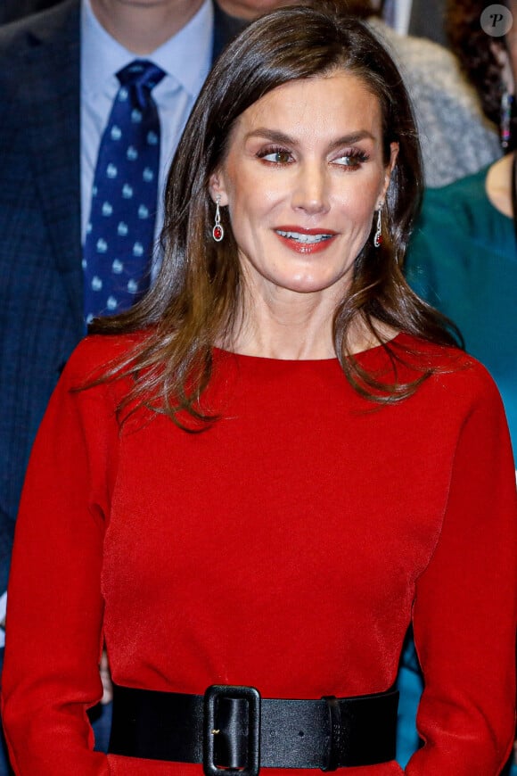 La reine Letizia d'Espagne assiste à la réunion annuelle des directeurs des centres de l'Institut Cervantes au Centre culturel international Oscar Niemeyer à Avilés, le 19 décembre 2023.