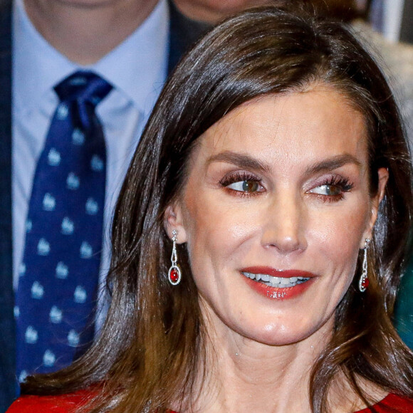 La reine Letizia d'Espagne assiste à la réunion annuelle des directeurs des centres de l'Institut Cervantes au Centre culturel international Oscar Niemeyer à Avilés, le 19 décembre 2023.