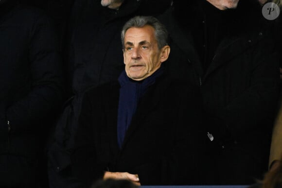 Nicolas Sarkozy - People dans les tribunes du match de Ligue Des Champions 2023, PSG contre Newcastle (1-1) au Parc des Princes à Paris le 28 novembre 2023. 