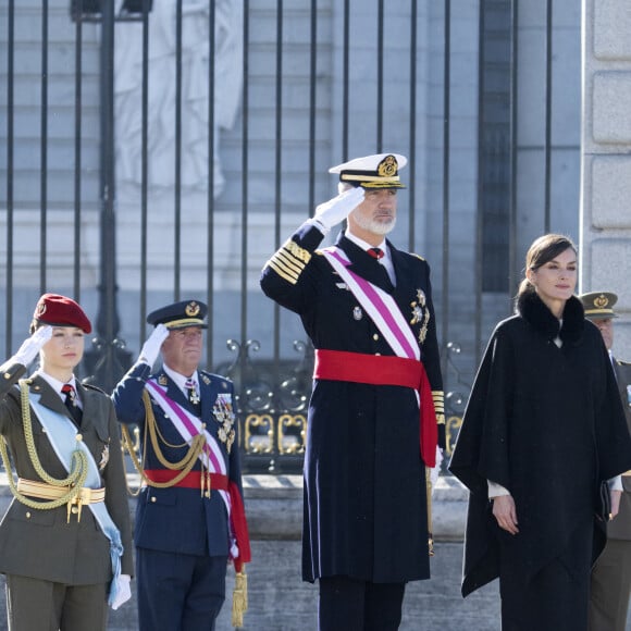 Le roi Felipe VI, la reine Letizia d'Espagne et la princesse Leonor lors de la réception militaire de Pâques au Palais Royal, le 6 janvier 2024 à Madrid, Espagne, le 6 janvier 2024. 