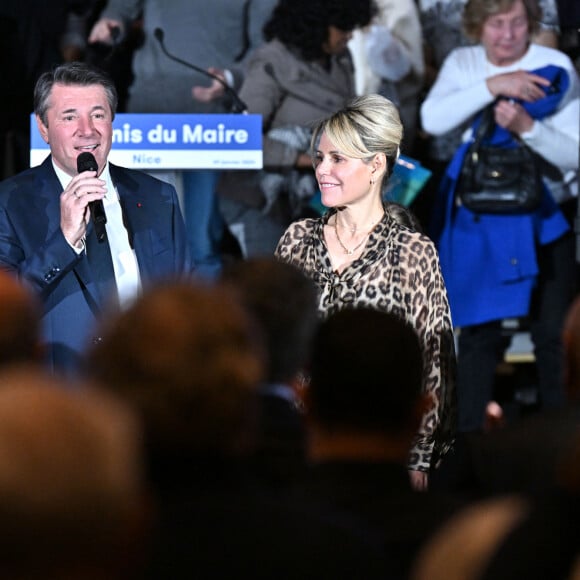 Christian Estrosi, le maire de Nice, et sa femme Laura Tenoudji Estrosi durant la Soirée des Voeux 2024 aux Amis du Maire de Nice au Palais de la Méditerranée, le 29 janvier 2024. C'est plus de 2000 sympatisants qui se sont réunis autour du maire, et ont assisté, durant plus d'une heure, à un show à l'américaine, micro en main, Christian Estrosi, a quitté le traditionnel pupitre pour descendre de scène et aller au contact de l'assistance proposant un question - réponse sans filtre, avec humour et bonne humeur, sous le regard amusé de son épouse Laura Tenoudji Estrosi. © Bruno Bebert/Bestimage