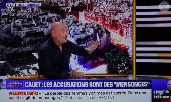 Captures d'écran - Sébastien Cauet est venu s'expliquer et affirmer son innocence sur le plateau de BFM TV à propos des accusations de viols et d'agressions sexuelles par trois femmes dont une mineure au moment des faits. Le 10 décembre 2023. 