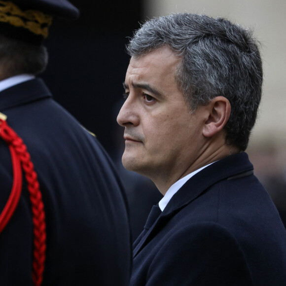 En tant que ministre de l'Intérieur.
Le ministre de l'intérieur et des Outre-mer, Gérald Darmanin et le préfet de police de Paris, Laurent Nunez lors de la cérémonie d'hommage aux héros de la gendarmerie nationale, aux Invalides à Paris. Le 16 février 2024. © Stéphane Lemouton / Bestimage